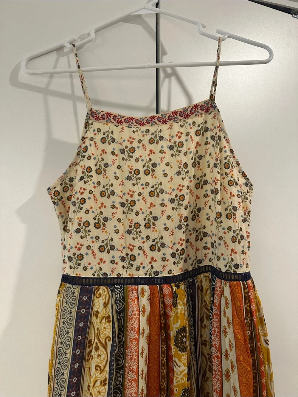 Bohemian Tiered Midi Dress in Cream Floral and Multi Stripe - Picture 4 of 10